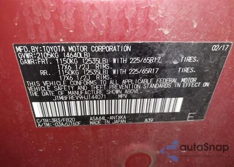 2017 Toyota Rav4 Le z USA, uszkodzony, nr VIN JTMBFREV9HJ144071